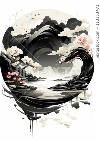 Japanese zen style abstract art illustration using brush stroke style. Black ink with no background images, plain white background 113353473