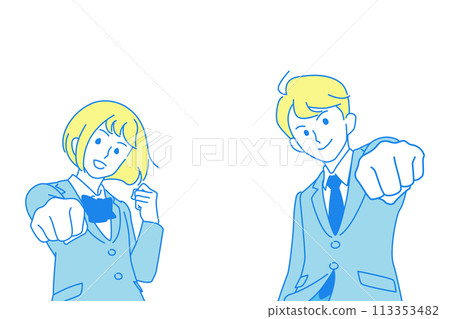 Illustration of male and female students in uniforms posing in a fist pump Illustration of male and female students in uniforms posing in a fist pump 113353482