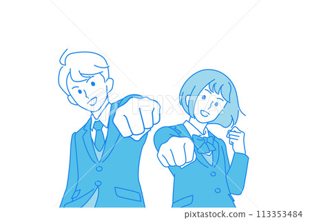 身穿制服的男女學生做戰鬥姿勢的圖像插圖 113353484