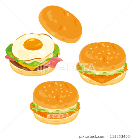 Bacon, egg and cheese burger and shrimp cutlet burger Bacon, egg and cheese burger and shrimp cutlet burger 113353493