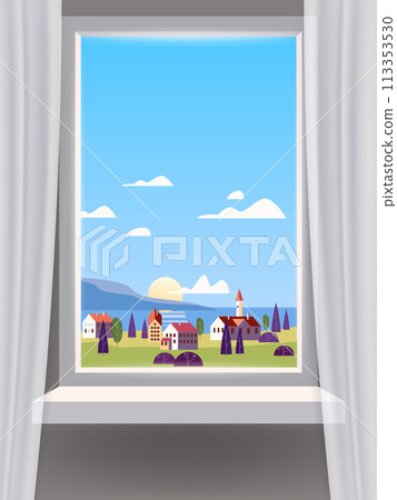 Window view interior, minimal landscape, sea, ocean, coastal town,, mountains 113353530