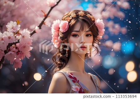 anime style of Goddess with cherry blossom motif on fantastic background. anime style of Goddess with cherry blossom motif on fantastic background. 113353694