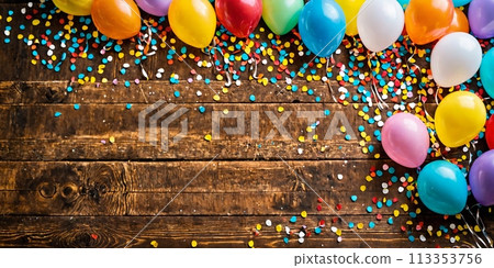 Balloons and confetti on wooden floor 113353756