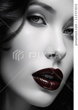 An alluringly intimate portrait of a woman's elegant features on black and white photography. 113353832