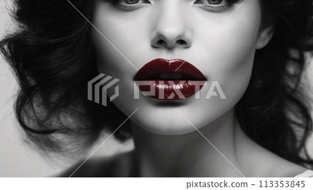 An alluringly intimate portrait of a woman's elegant features on black and white photography. An alluringly intimate portrait of a woman's elegant features on black and white photography. 113353845