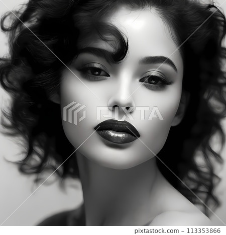 An alluringly intimate portrait of a woman's elegant features on black and white photography. 113353866