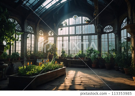 Magic medieval Greenhouse with cinematic lighting with a big windows Magic medieval Greenhouse with cinematic lighting with a big windows 113353985