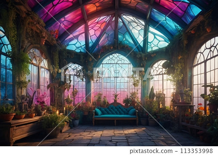 Magic medieval Greenhouse with cinematic lighting with a big windows Magic medieval Greenhouse with cinematic lighting with a big windows 113353998
