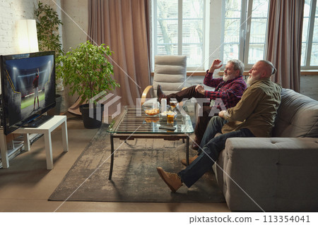 Elderly men, friends sitting on sofa in living room, eating snacks, drinking beer and watching online football match translation on TV 113354041