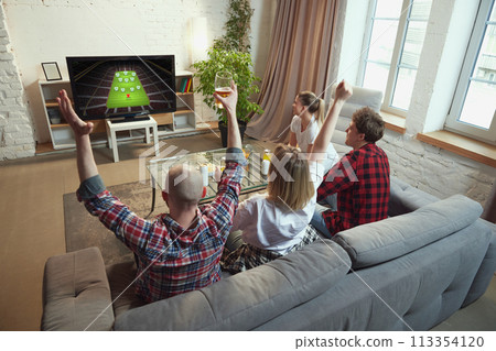 Friends, sport fans meeting at home, sitting on couch in living room on daytime and watching online football match translation. Friends, sport fans meeting at home, sitting on couch in living room on daytime and watching online football match translation. 113354120