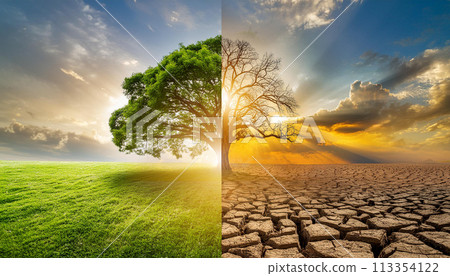 Half alive and half dead tree standing in the areas of landscape, The concept of climate has changed and Global warming 113354122