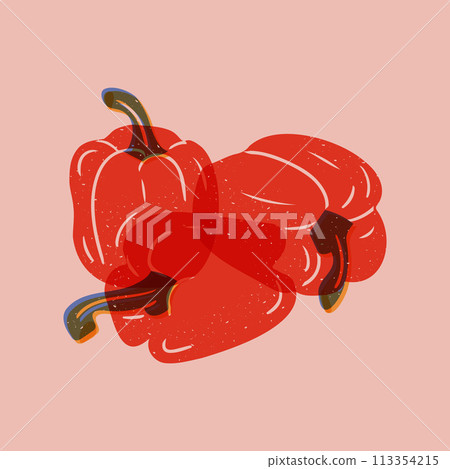 Red bell peppers. Risoprint imitation with grunge effect. Healthy food concept. Square poster or background. Risograph composition with scratches 113354215