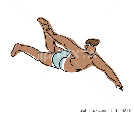 Swimming man drawing in boho style. Hand drawn single line icon of male body doing exercises in water. Contour vector composition isolated on white background. 113354236