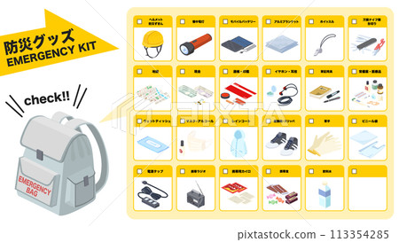 Check sheet for disaster prevention goods drawn in isometric style Check sheet for disaster prevention goods drawn in isometric style 113354285