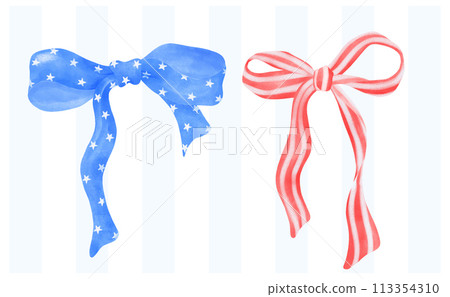 Coquette 4th of July stars and stripes ribbon Bows Watercolor vector illustration. Coquette 4th of July stars and stripes ribbon Bows Watercolor vector illustration. 113354310