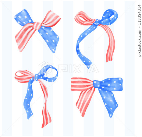 set of Coquette 4th of July stars and stripes ribbon Bows Watercolor vector illustration. 113354314