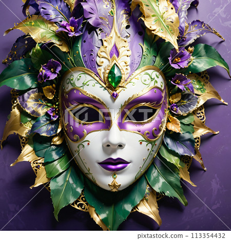 Carnival face mask with green and purple leaves Carnival face mask with green and purple leaves 113354432