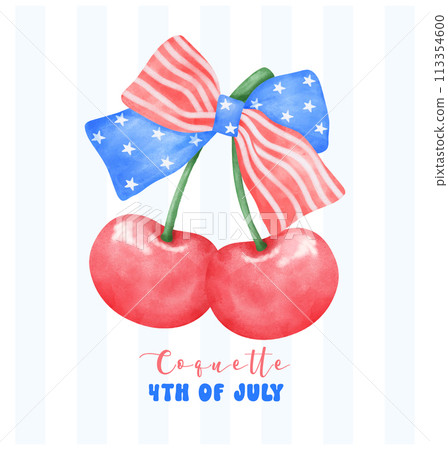 Coquette 4th of July Cherry with stars and stripes ribbon Bow Watercolor. Coquette 4th of July Cherry with stars and stripes ribbon Bow Watercolor. 113354600