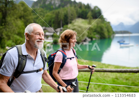 Portrait of active elderly couple hiking together in mountains. Senior tourists walking with trekking poles. 113354683