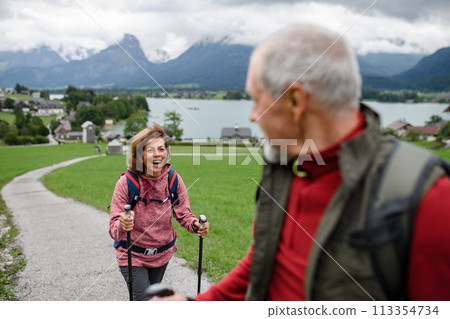 Portrait of active elderly couple hiking together in mountains. Senior tourists walking with trekking poles. 113354734