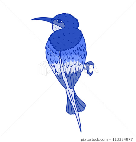 Monochrome blue floral chinoiserie style bird isolated on white background Monochrome blue floral chinoiserie style bird isolated on white background 113354977
