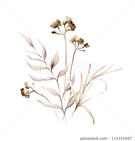 Watercolor floral delicate pastel vintage green violet purple brown bouquet. Hand drawn illustration isolated on white background. Flower and leaves composition for stationary or textile 113355087