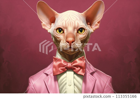 Sphynx cat in a pink jacket and bow Sphynx cat in a pink jacket and bow 113355166