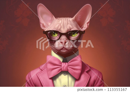 Sphynx cat in a pink jacket and bow Sphynx cat in a pink jacket and bow 113355167