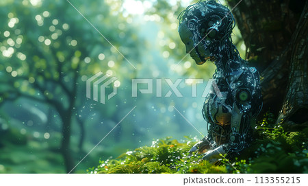 A robot stands gracefully in the midst of vibrant green nature. Green computing, Csr, IT Ethics, Nature technology interaction, and Environmental friendly. Generative Ai. 113355215