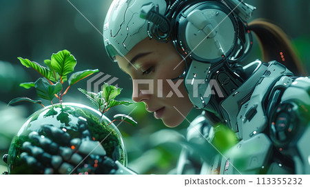 A robot stands gracefully in the midst of vibrant green nature. Green computing, Csr, IT Ethics, Nature technology interaction, and Environmental friendly. Generative Ai. A robot stands gracefully in the midst of vibrant green nature. Green computing, Csr, IT Ethics, Nature technology interaction, and Environmental friendly. Generative Ai. 113355232