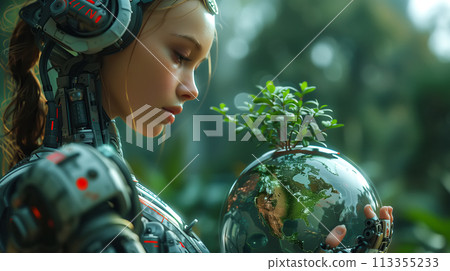 A robot stands gracefully in the midst of vibrant green nature. Green computing, Csr, IT Ethics, Nature technology interaction, and Environmental friendly. Generative Ai. 113355233