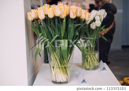 Elegant White and Yellow Tulips in Glass Vases Elegant White and Yellow Tulips in Glass Vases 113355283