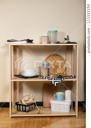 Modern kitchen wooden shelf and kitchenware 113355554