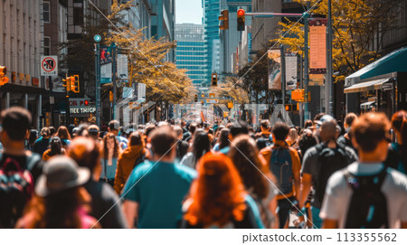 Crowd of people walking along busy city street. Event on a city street Crowd of people walking along busy city street. Event on a city street 113355562