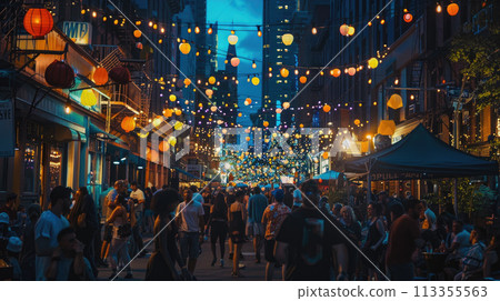 Crowd of people walking along busy city street. Event on a city street with asian lanterns Crowd of people walking along busy city street. Event on a city street with asian lanterns 113355563