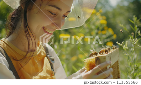 Happy woman beekeeper examining honeycomb frame at apiary garden 113355566