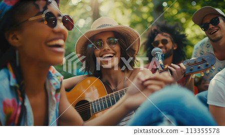 A group of interracial friends having fun with guitar and enjoying music at the park. Summer holidays, outdoor picnic A group of interracial friends having fun with guitar and enjoying music at the park. Summer holidays, outdoor picnic 113355578