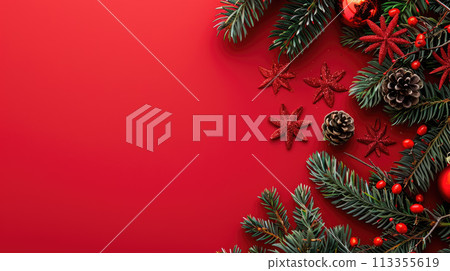 Fir branches with Christmas decoration on red background. Flat lay. Space for text. Red Christmas template for design Fir branches with Christmas decoration on red background. Flat lay. Space for text. Red Christmas template for design 113355619