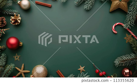Fir branches with baubles and cones on green background. Flat lay. Space for text. Christmas template for design Fir branches with baubles and cones on green background. Flat lay. Space for text. Christmas template for design 113355620