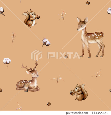 Watercolor seamless pattern with deer and squirrel forest animals and hazelnut. Cute childrens repeat wallpaper muted colored. Flowers and leaves isolated on background. Hand painted illustration Watercolor seamless pattern with deer and squirrel forest animals and hazelnut. Cute childrens repeat wallpaper muted colored. Flowers and leaves isolated on background. Hand painted illustration 113355649