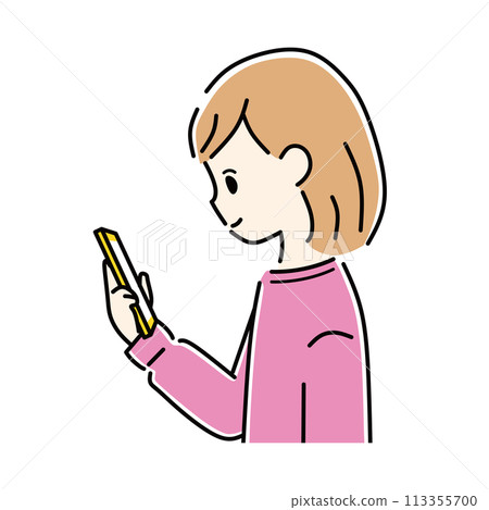 一個女人看著智能手機的插圖 113355700