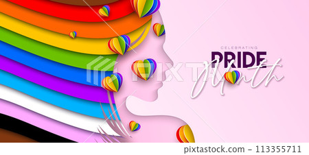 Pride Month LGBTQ Illustration with Rainbow Heart and Colorful Flag in Woman Face Silhouette on Pink Background. June Love is Love Human Rights or Diversity Concept. Vector LGBT Event Banner Design 113355711