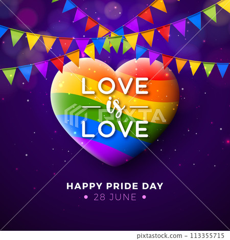 Happy Pride Day LGBTQ Illustration with Rainbow Heart and colorful Party Flag on Purple Background. 28 June Love is Love Human Rights or Diversity Concept. Vector LGBT Event Banner Design for Postcard 113355715