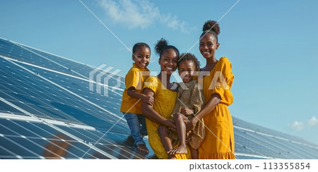Family embracing sustainability with solar power Family embracing sustainability with solar power 113355854