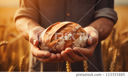 farmer hands holding fresh baked 113355885