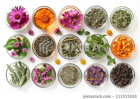 Assorted herbal tea ingredients in glass bowls 113355910