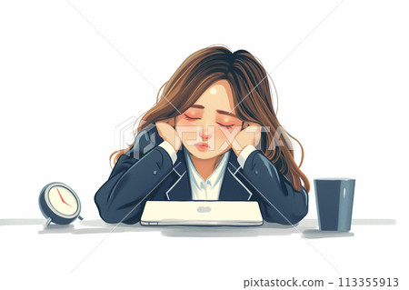 拿著她的在一台個人計算機前面的婦女頭 113355913