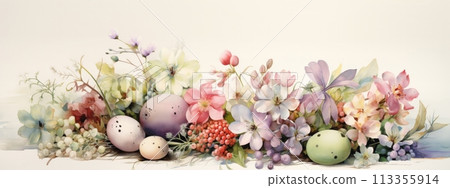 Elegant easter-themed floral display with pastel eggs amidst blossoms 113355914
