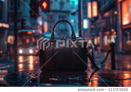 Stylish leather briefcase stands out on a wet urban street, illuminated by neon lights and bokeh 113355920