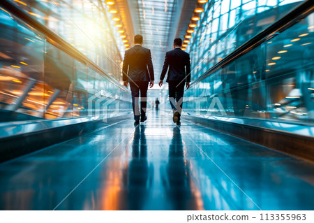 Business professionals walking in modern office corridor 113355963